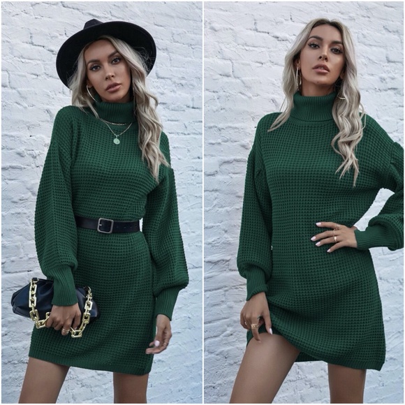 BellanBlue Dresses & Skirts - Green turtleneck lantern sleeve sweater Knit Dress